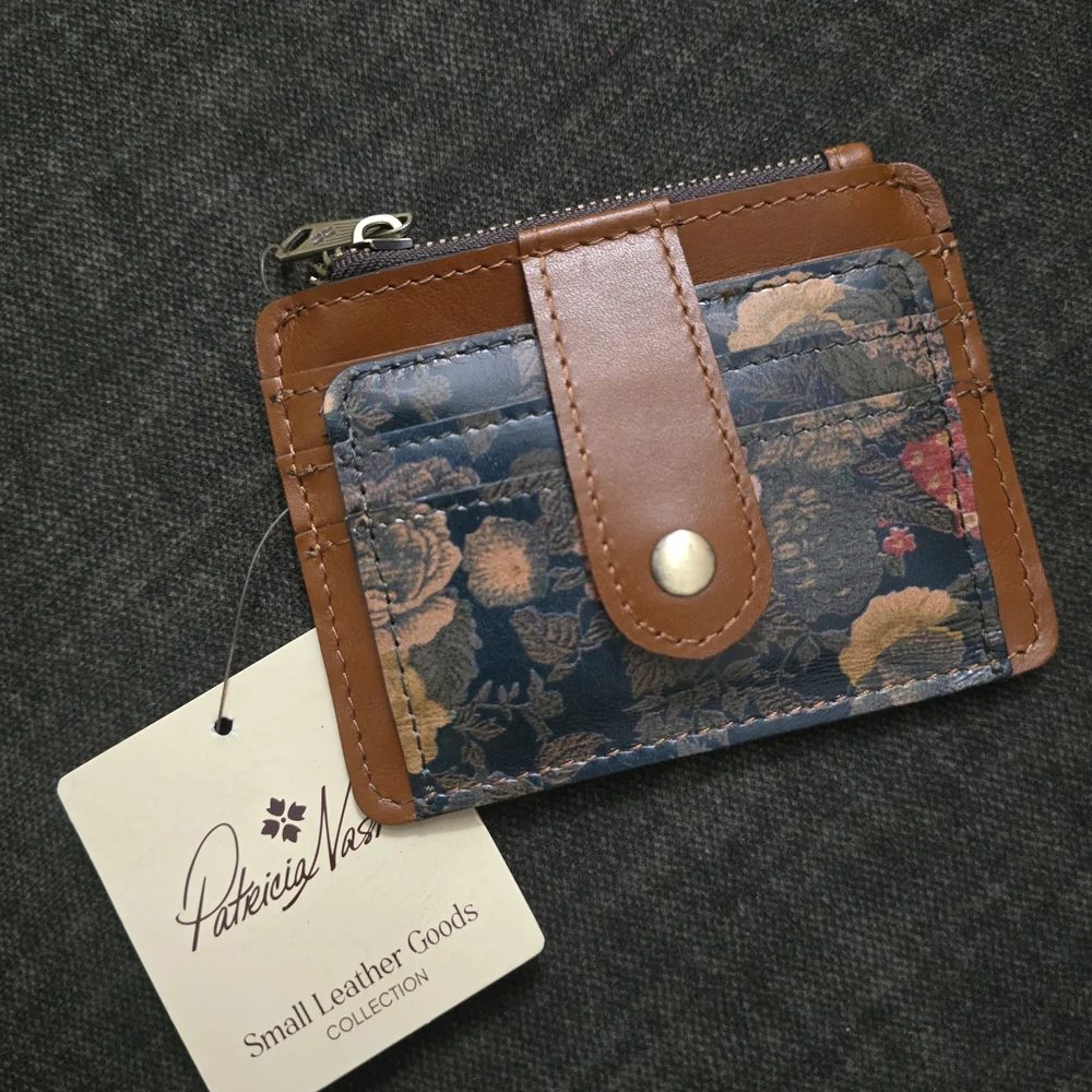 Patricia Nash Navy Floral Card Wallet with Brown Trim